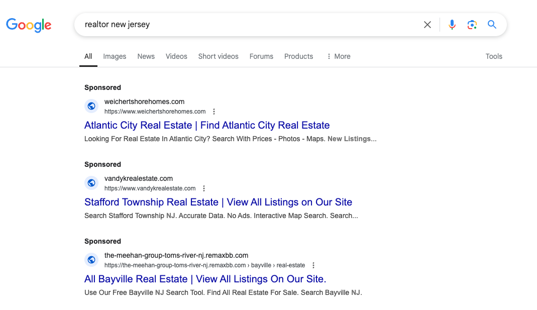 Google ads examples for the term "Realtor New Jersey"